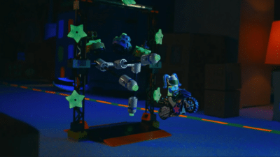 a lego motorcycle doing a stunt