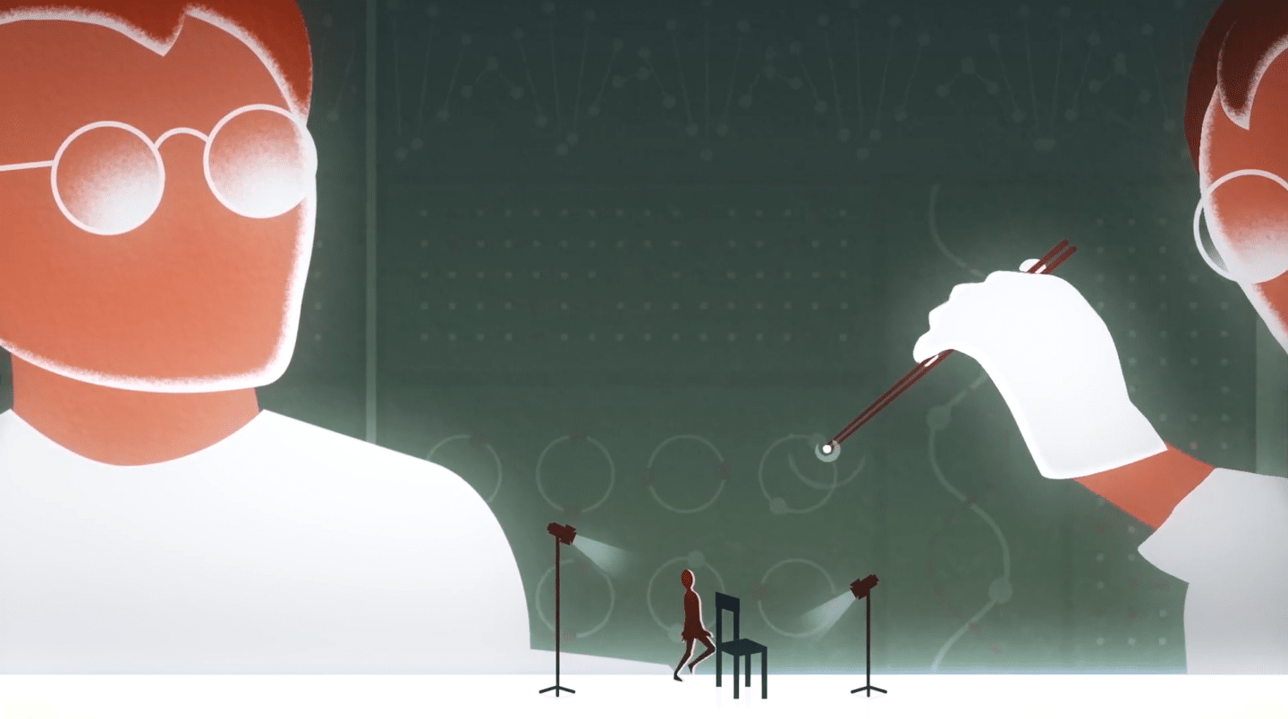 two animated scientists holding tweezers
